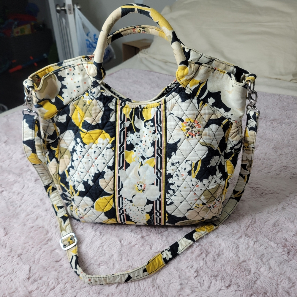 Vera Bradley Yellow Black Cream Dogwood Floral Quilted Tote